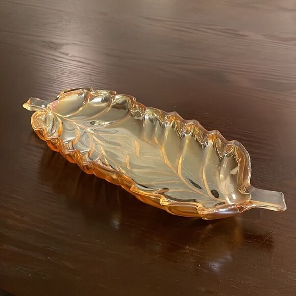 Indiana Glass Co Amber Carnival Glass Celery Dish | Peach Luster Glass Double L… - Picture 4 of 5